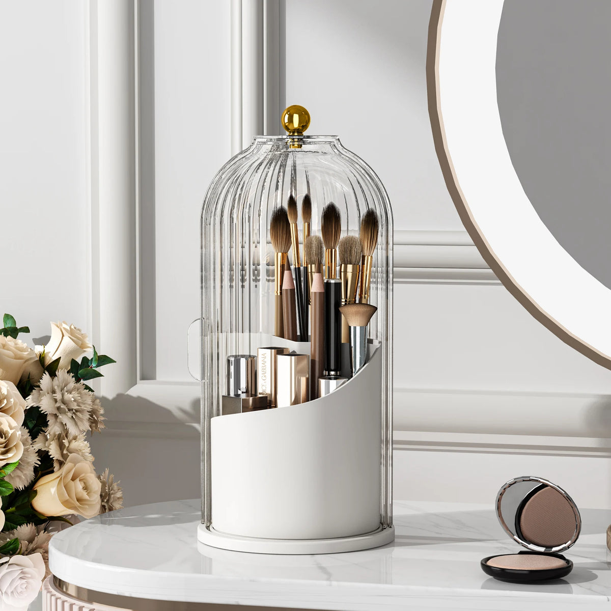 360-Degree Rotating Makeup Brush Holder with Dustproof Lid