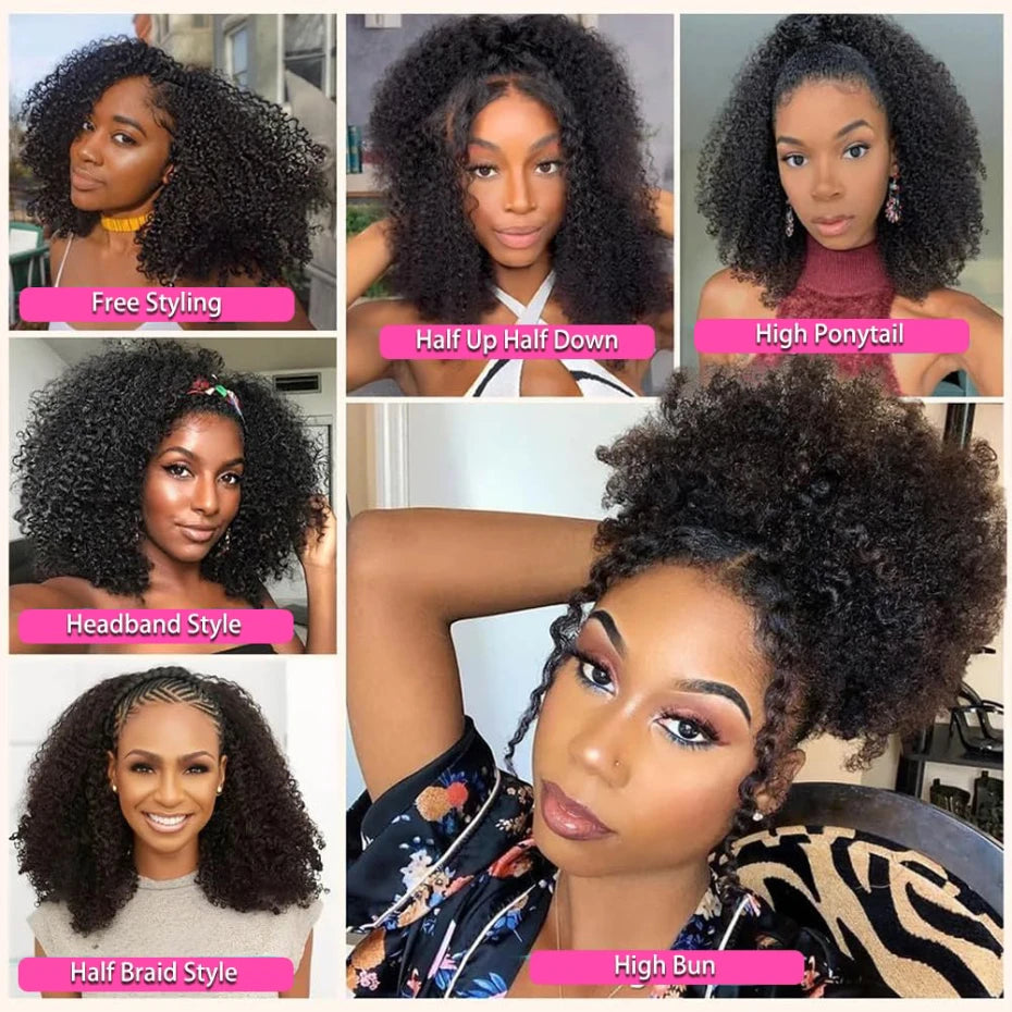 250 Density Kinky Curly Half Wig Double Drawn Invisible Drawstring Machine Made Wigs Human Hair Invisible Hairline Half Wig Natural Colored Ponytail