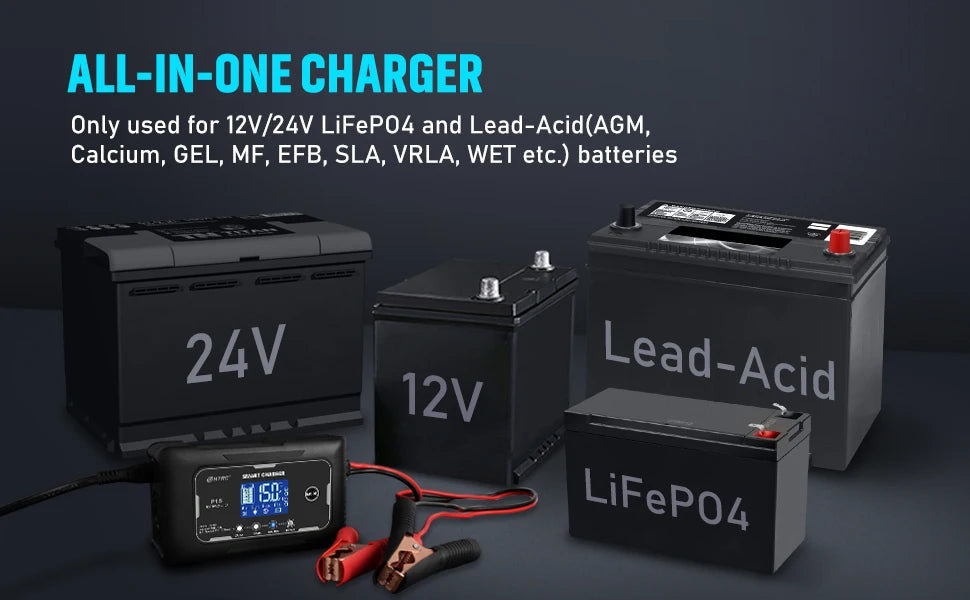 12V-24V 35A/25A/20A/15A/10A Car Battery Charger LCD Automatic Pulse Repair Charge for Lifepo4 AGM Lead-Acid Lithium Batteri