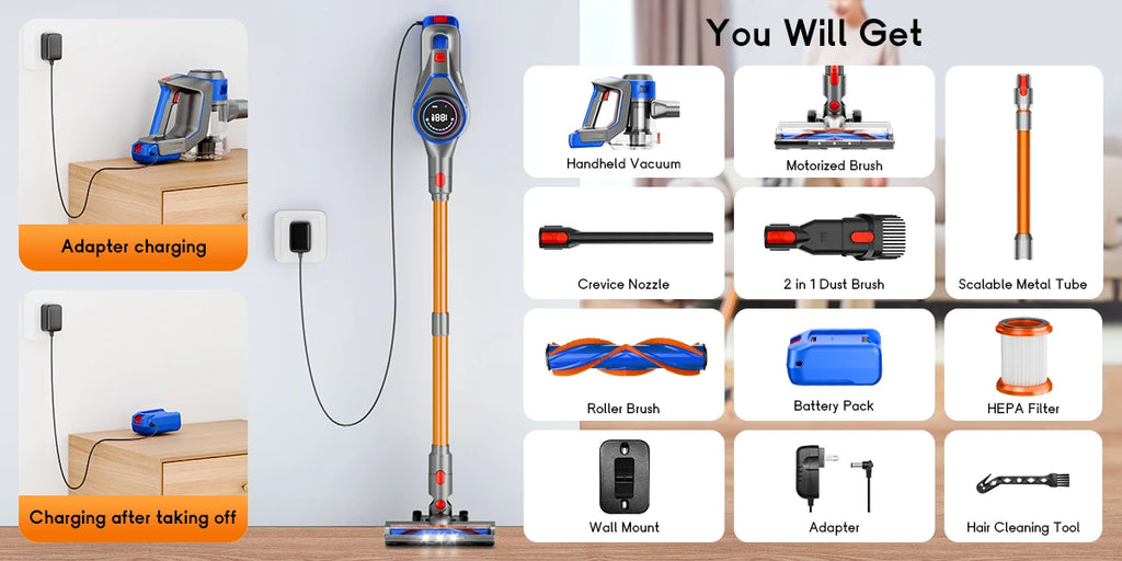 78KPA Cordless Vacuum Cleaner with LED High Power Strong Suction Wet and Dry Handheld Vacuum Cleaner for Fur Rug