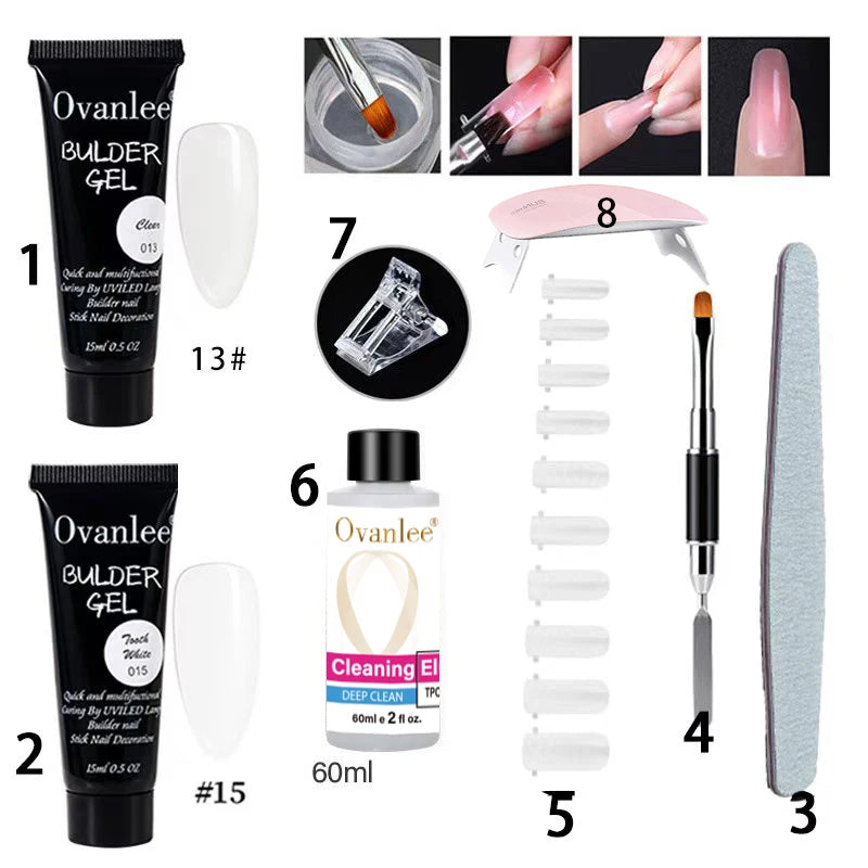 Ovanlee 18-Piece All-in-One Nail Builder Gel Kit – 12 Colors 15ml Polygel with Mini UV/LED Lamp, Cleaning Fluid, Nail Tips & Tools – Form-Free DIY Manicure Extension & Strengthening Set