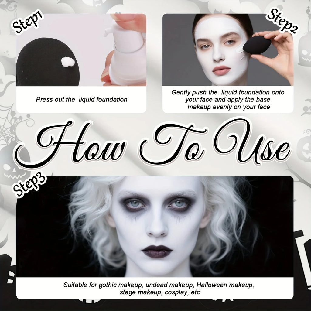 White Liquid Foundation And Black Lipstick Halloween Cosplay Set,Suitable for Adults,Matte Finish,Long-Lasting for All Skin Type