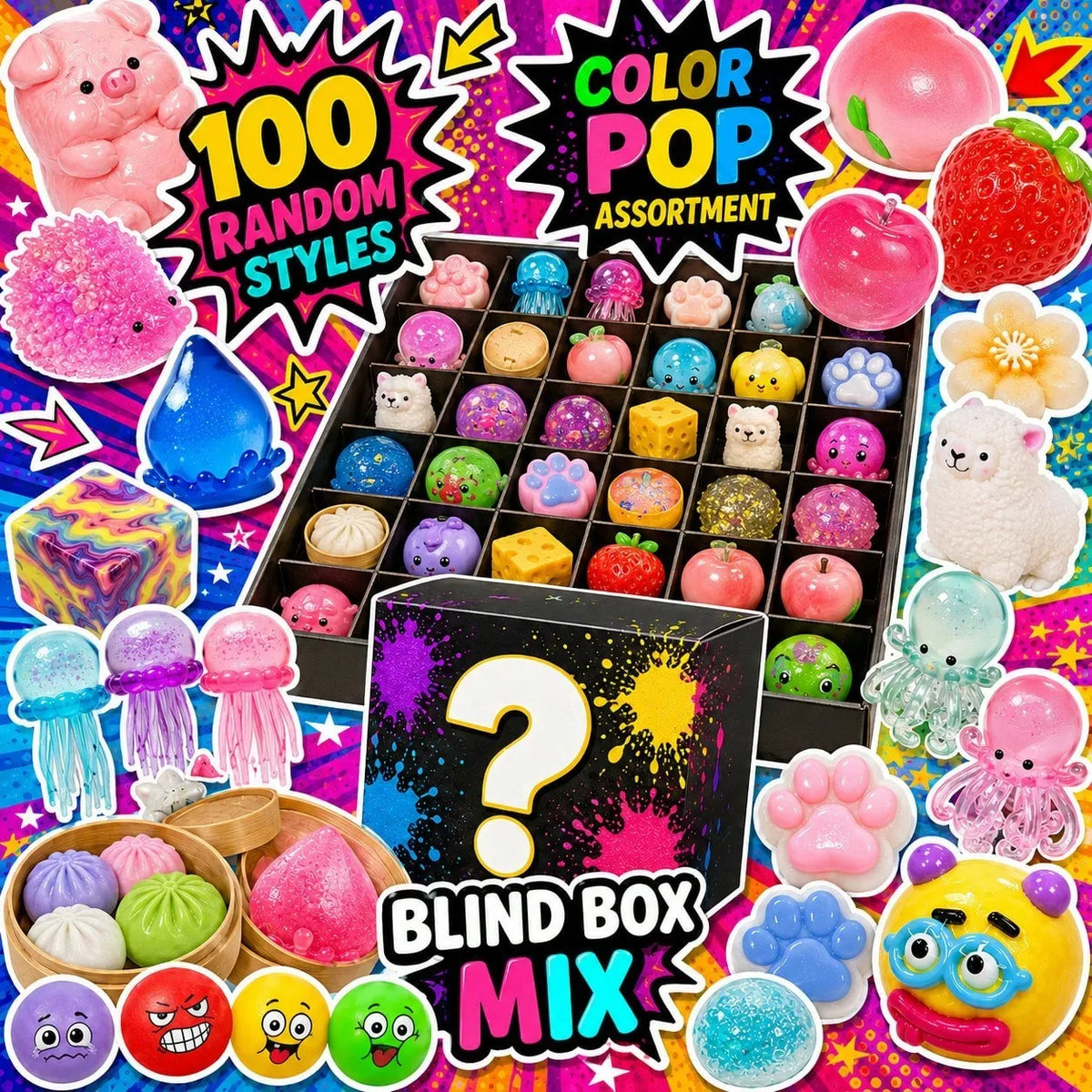Random Cute Squishy Toy Party Favor, Soft Stress Relief Fidget Collectible