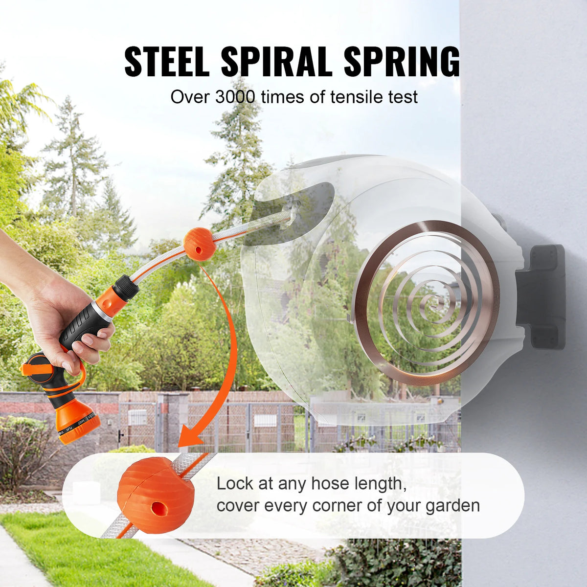 Retractable Hose Reel1/2 inch 180° Swivel Bracket Wall-Mounted Garden Water Hose Reel with 9-Pattern Nozzle and 3 Fast