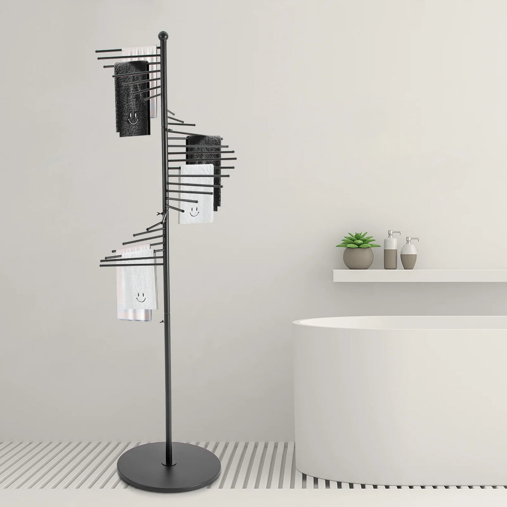 Freestanding Spiral Scarf Display Rack Black Baking Paint Iron Floor Shawl Organizer 5.58FT Tall 16.54IN Base Anti-Rust Anti-Slip Round Edge Easy Assemble For Clothing Store Mall Closet Hat Belt Jewelry Display