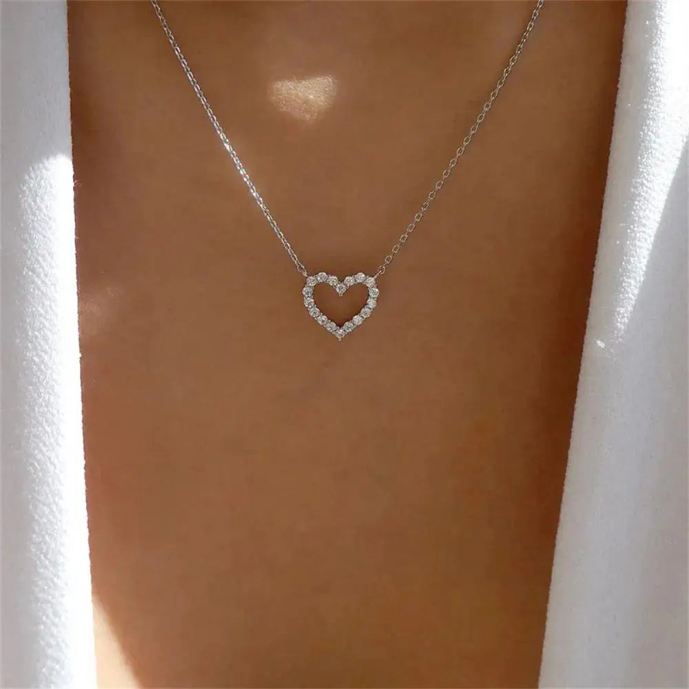 Cubic Zirconia Hollow Heart Pendant Necklace, Delicate Stainless Steel Love Jewelry