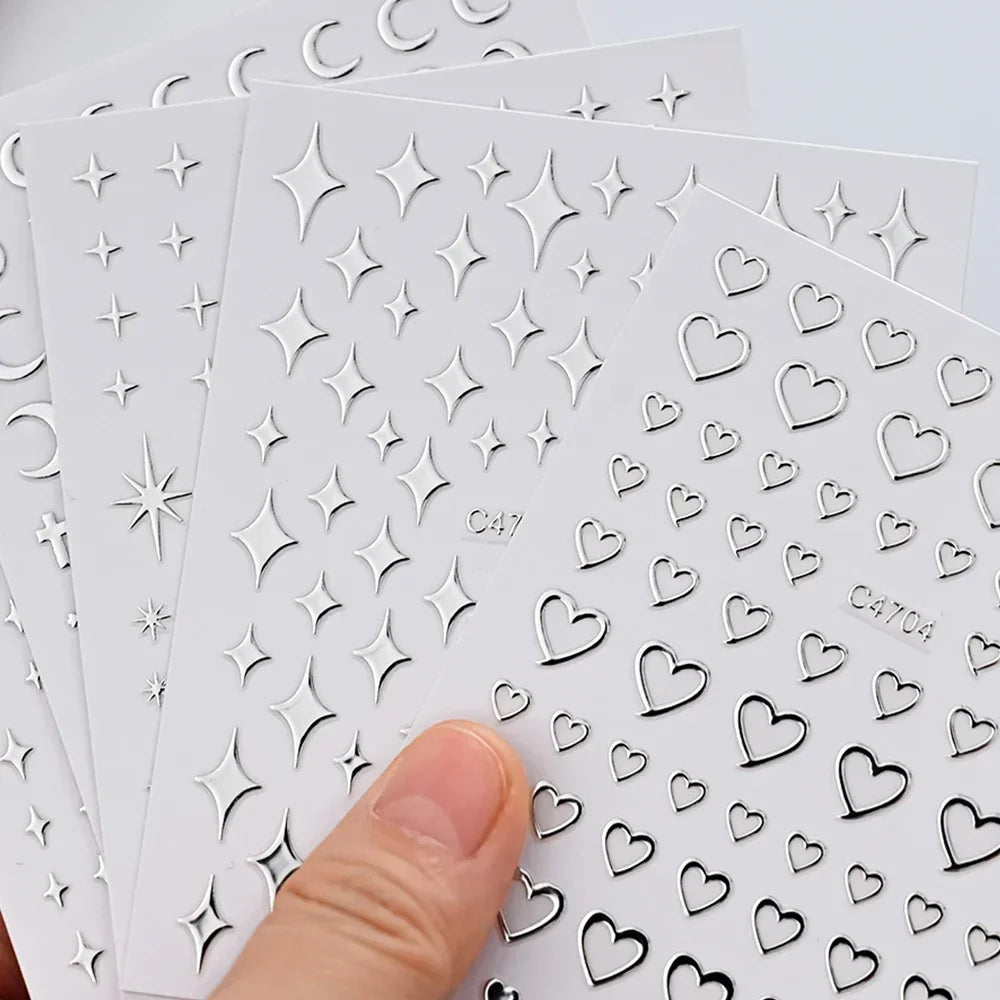 3D Silver Star & Heart Nail Stickers, 6 Sheets