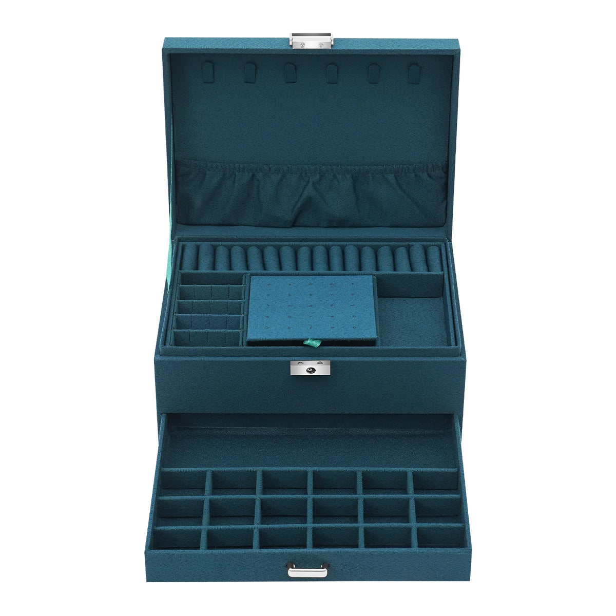 3-Tier Dark Green Jewelry Box Organizer with 15 Ring Slots 10 Earring Hooks 18 Stud Holes Drawers for Necklace Bracelet Watch