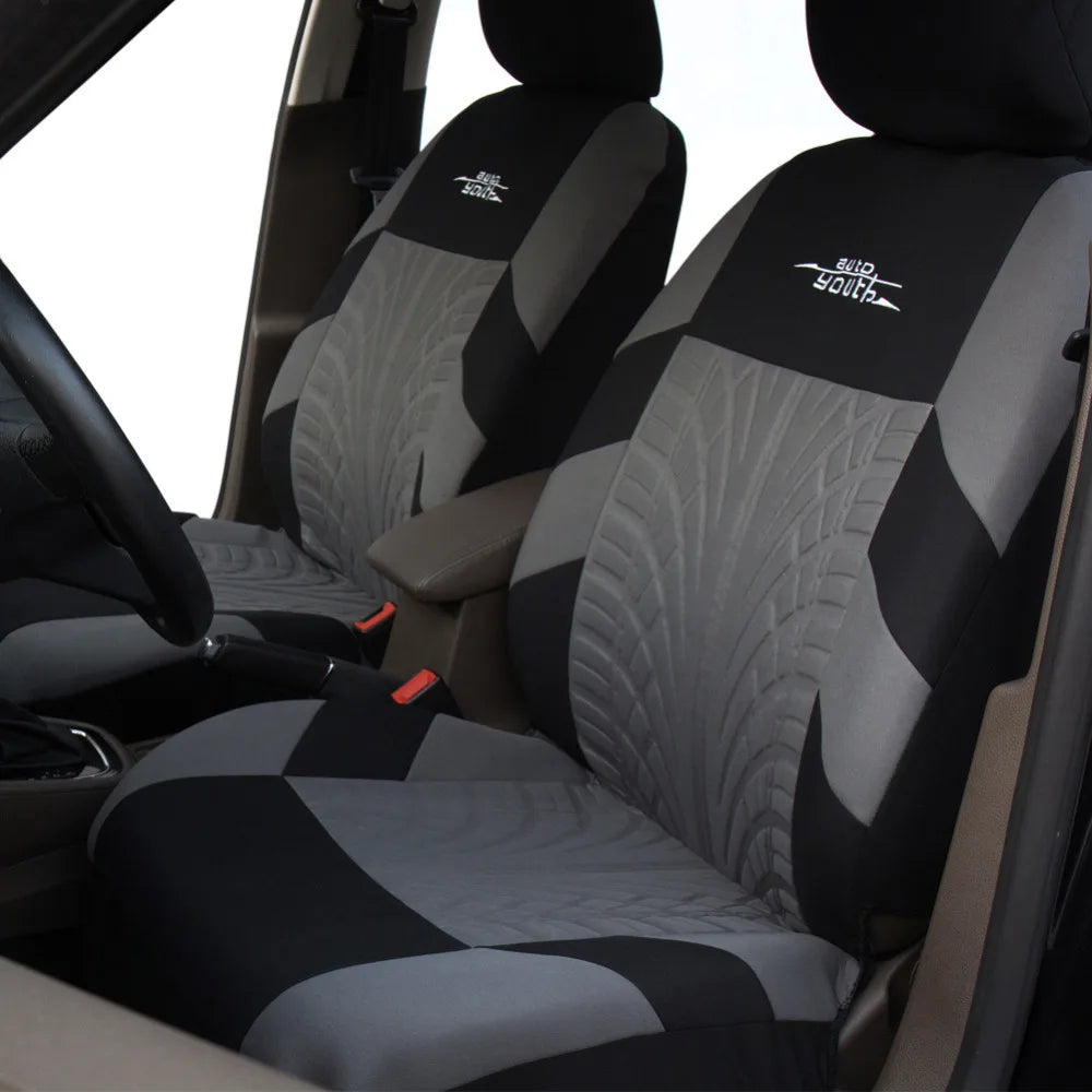 AUTOYOUTH Embroidered Car Seat Covers Full Set, Universal Fit with Tire Track Detail
