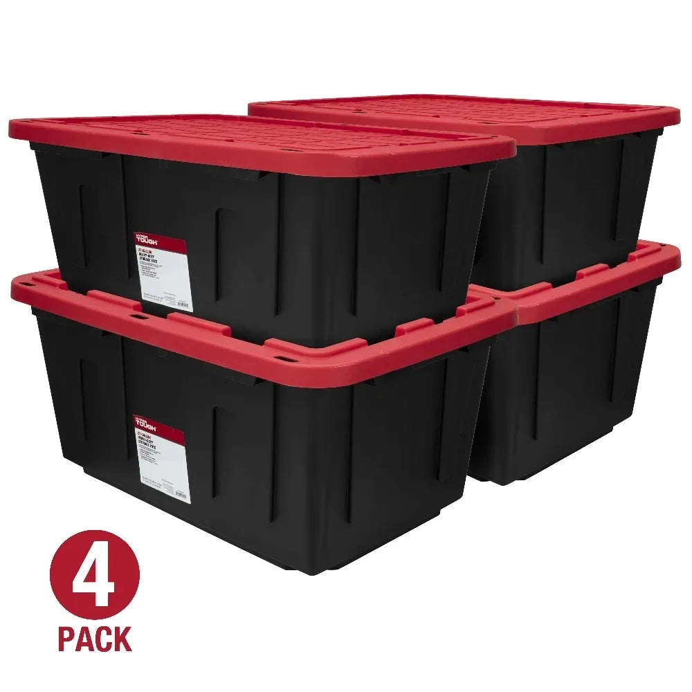 (6 pack/ 4pack) Large Storage Bin, 27 Gallon Plastic Storage Container with Snap-On Lid, Black and Red