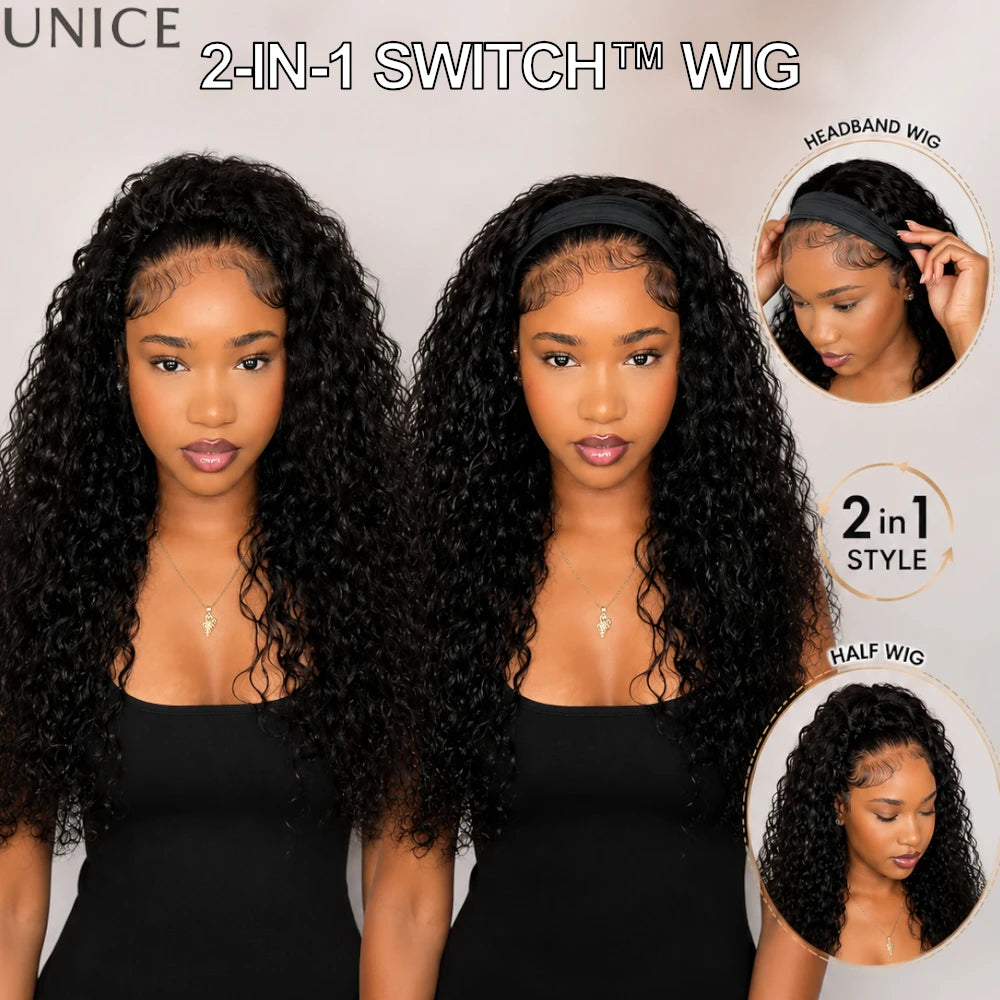 UNice Hair Water Wave Human Hair Headband Wig & Half Wig 2-In-1 Beginner Friendly Ready To Go Glueless Wig With Drawstring