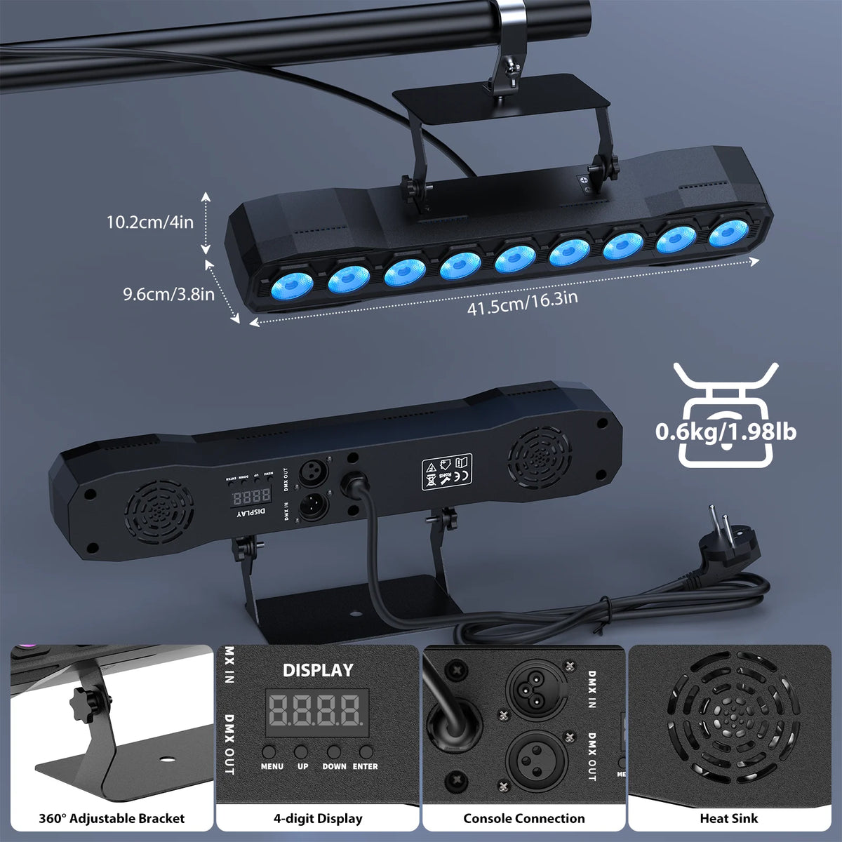 U'King 60W Wall Wash Light Bar 9LEDs RGBW Stage Lights Bar DMX DJ Lights For Church Events Wedding DJ Disco Party Bar Show