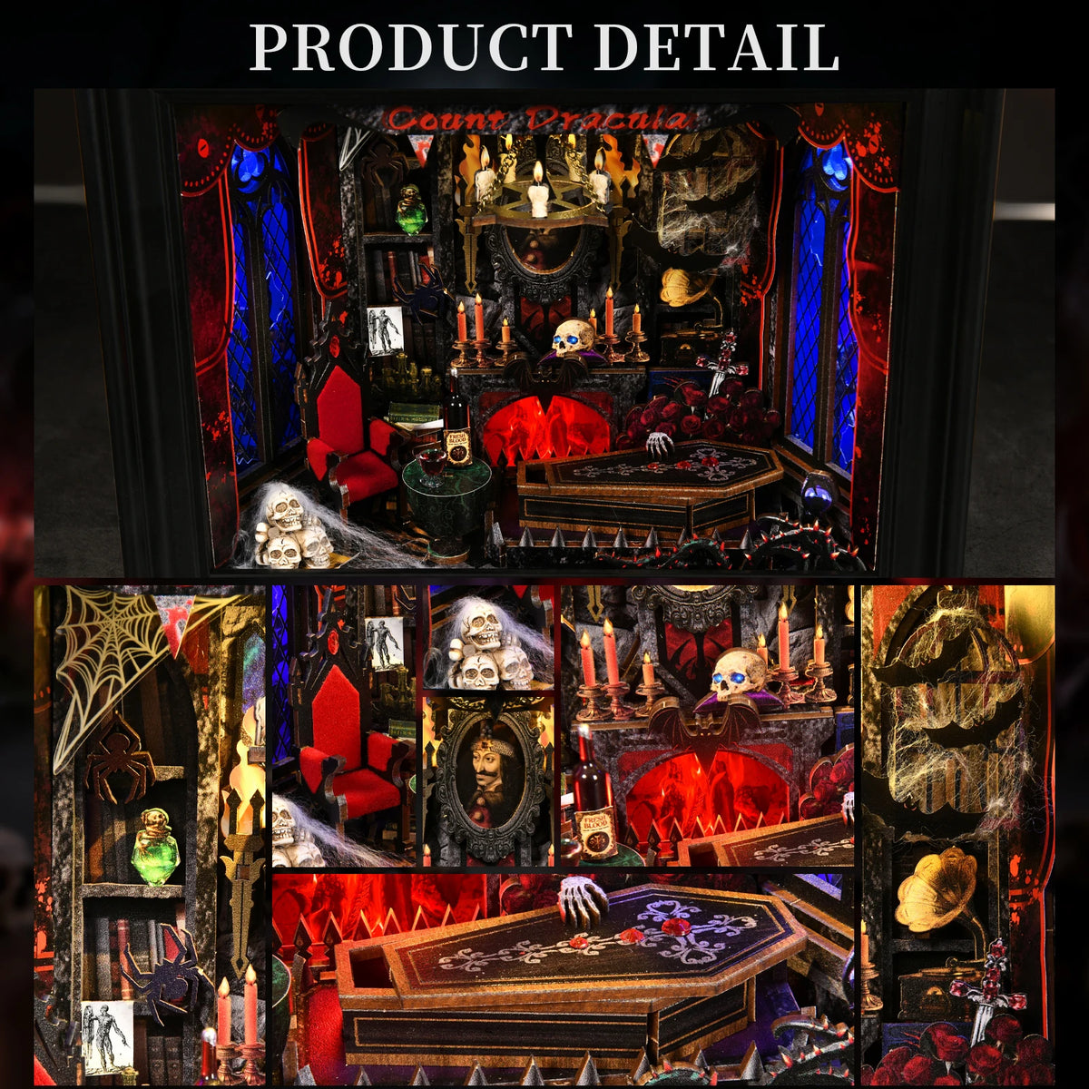 Book Nook Kit Vampire DIY Wooden Puzzle Dracula Gothic Style Halloween Bookshelf Dollhouse Model Bookend Building Home Dec