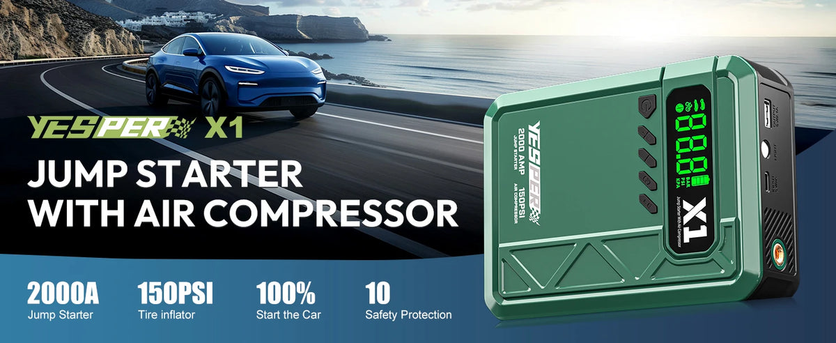 YESPER 2000A Jump Starter & 150PSI Air Compressor 2-in-1, 12V Portable Emergency Booster for 8L Gas 6L Diesel Car SUV Truck