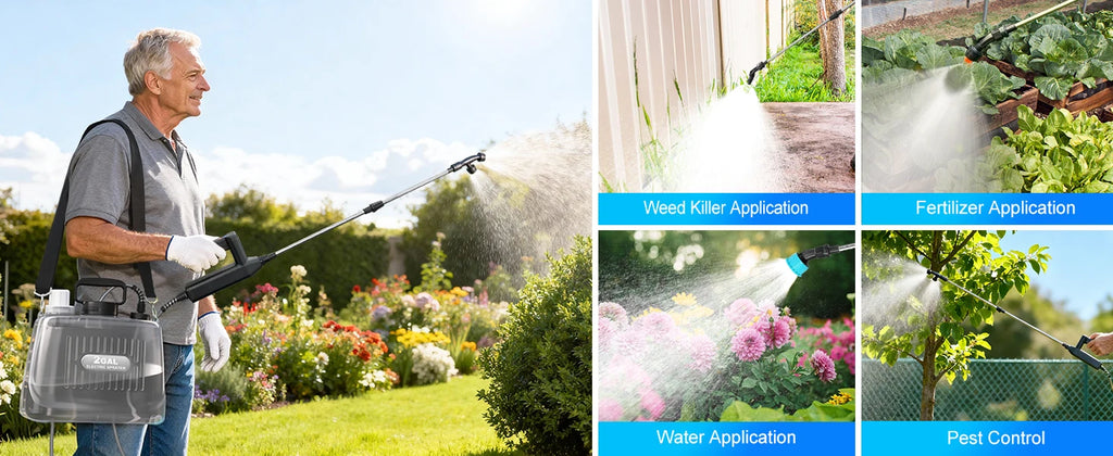 2 Gallon Battery Powered Sprayer, Electric Garden Sprayer with 3 Adjustable Pressure Levels, 4 Nozzles & Extendable Wand