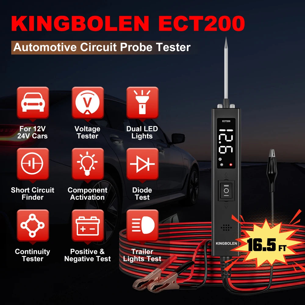 2026 KINGBOLEN ECT200 Automotive Electrical Circuit Tester, 12V 24V Car VoltageTest Power Probe Tester with 16.5FT Cable
