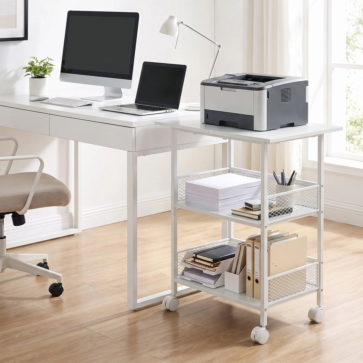 3-Tier Printer Stand with Storage Shelves, Mobile Heavy Duty Rolling Rack on Wheels for Large Printers, Black Industrial MDF and Iron, Home Office