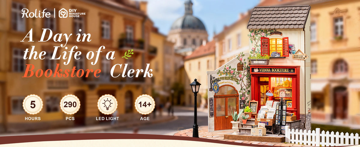 Rolife Wooden 3D Puzzle DIY Miniature House Kit Vienna Bookstore & Aromatic Coffee Cart Model Building Kit with LED Light for Home Decor Gift for Adults Teens