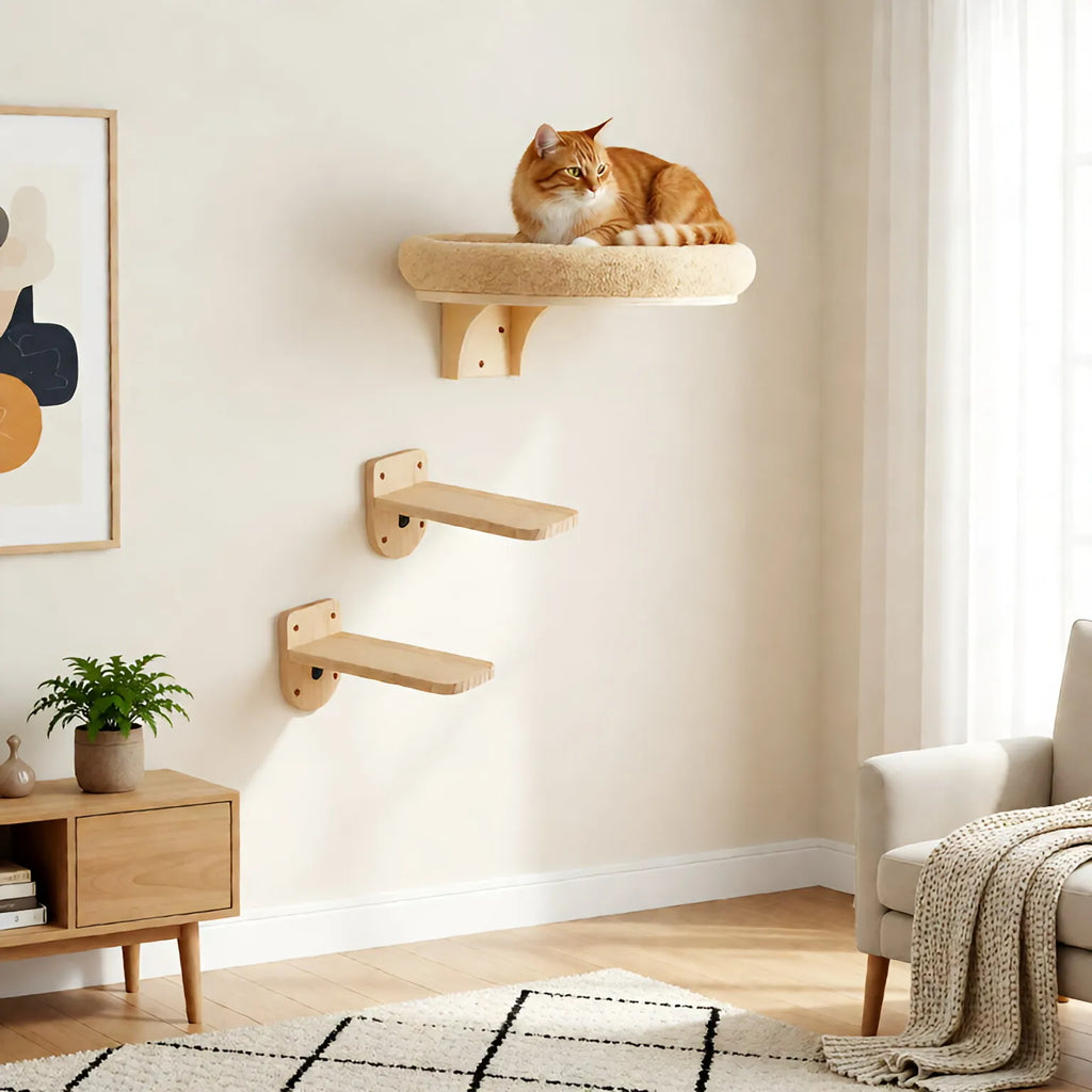Wall-Mounted Wooden Cat Climbing Ladder with Hammock and Scratching Post