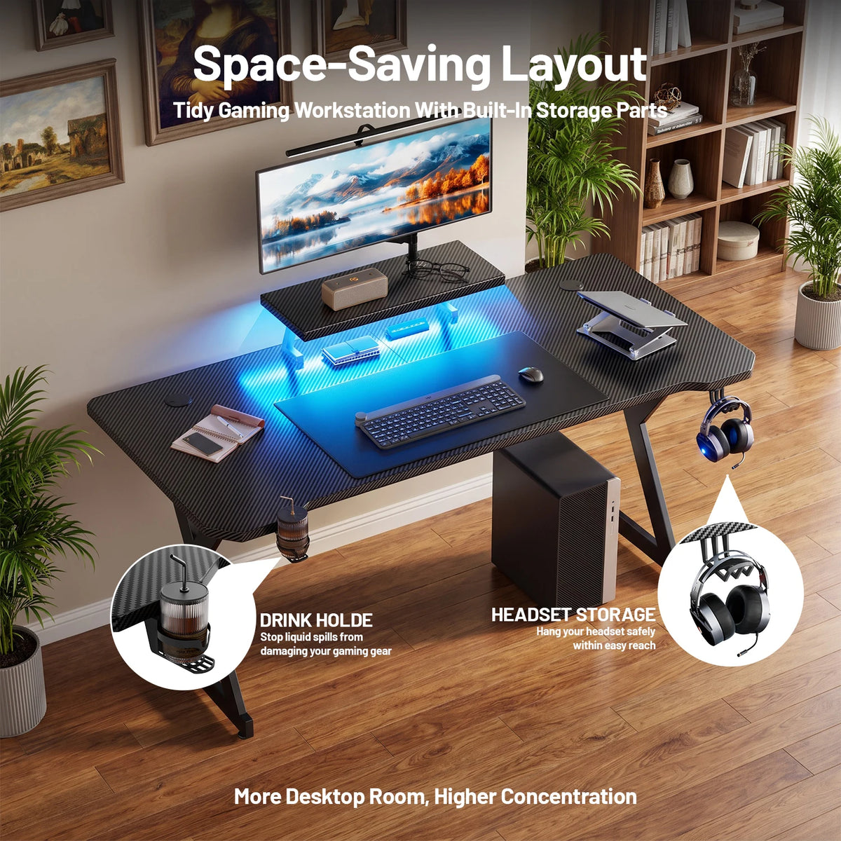 Ergonomic Gaming Desk with Elevated Monitor Riser Stand & Built-in LED Light Strip, Large Curved Carbon Fiber Surface Computer Desk