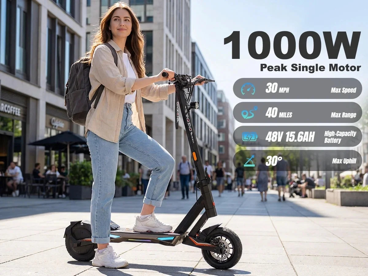 ONECNA T3 1000W Motor Electric Scooter for Adults, 30mph Top Speed, 40Miles Long Range, Lightweight Foldable Frame, Dual Suspension, 10 Inch Fat Tires E-Scooter