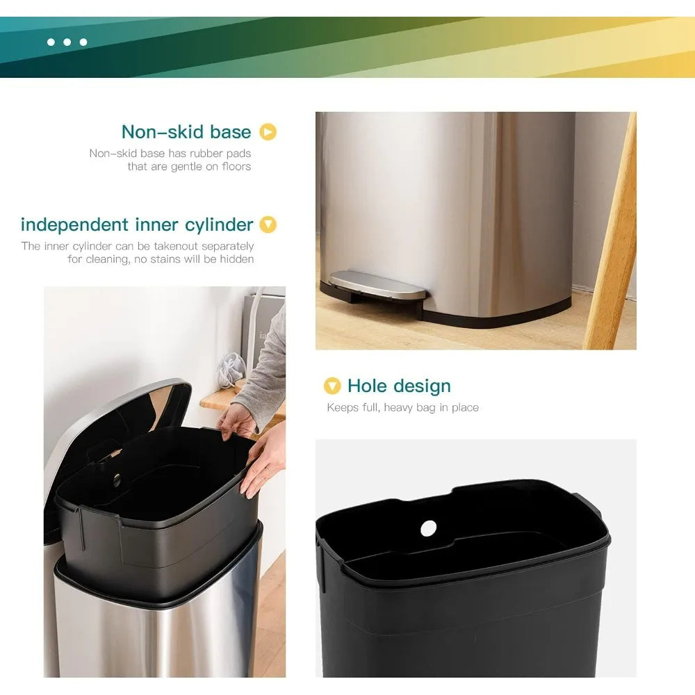 13 Gallon 50L Kitchen Step Trash Can with Lid Fingerprint-Proof Brushed Stainless Steel Garbage Bin for Office Bedroom Bathroom