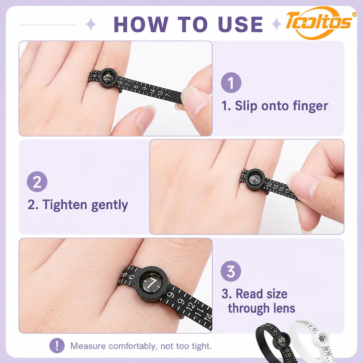TOOLTOS 50PCS Ring Sizer Measuring Belts with Magnifier US Size 1-17 Adjustable Finger Gauge Black White Jewelry Ring Measuring Tools