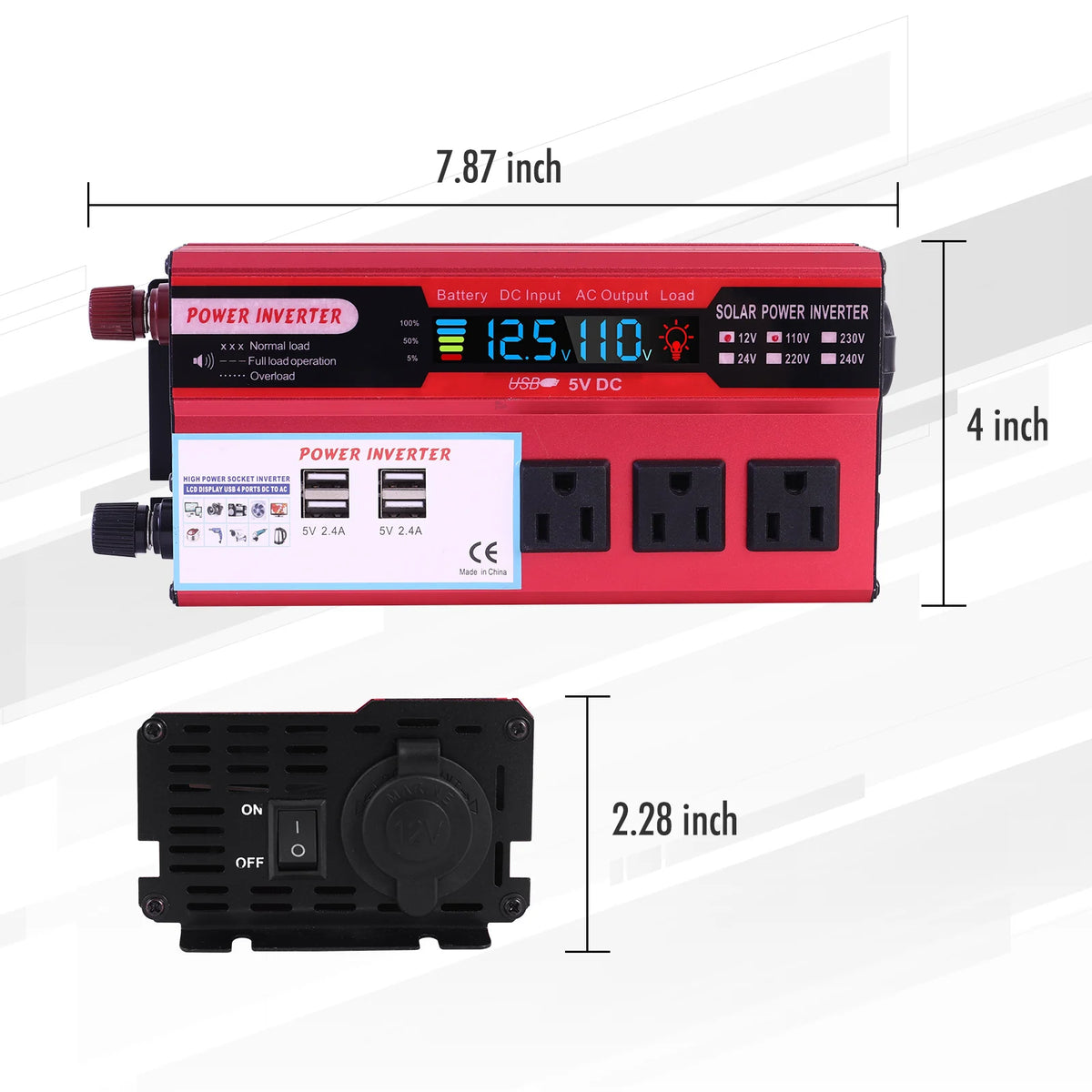 5000W Car Converter Power Inverter DC 12V To AC 110V Converter LCD 4 USB Ports and 110V AC Outlet Cigarette Lighter Battery