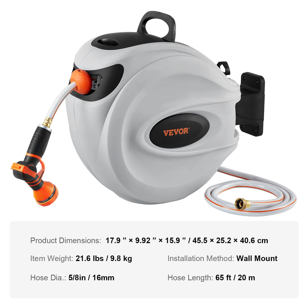 SucceBuy Retractable Hose Reel 180° Swivel Bracket Wall-Mounted Garden Water Hose Reel with 9-Pattern Nozzle Automatic Rewind