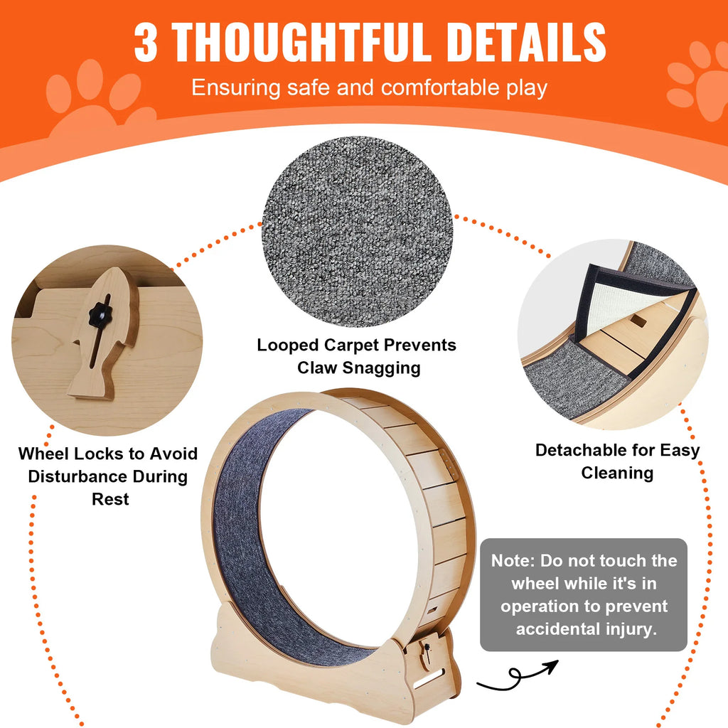 SucceBuy Wooden Cat Exercise Wheel, Large Cat Treadmill with Detachable Carpet and Cat Teaser