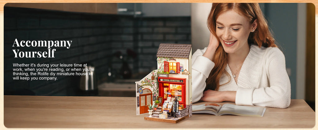 Rolife Wooden 3D Puzzle DIY Miniature House Kit Vienna Bookstore & Aromatic Coffee Cart Model Building Kit with LED Light for Home Decor Gift for Adults Teens