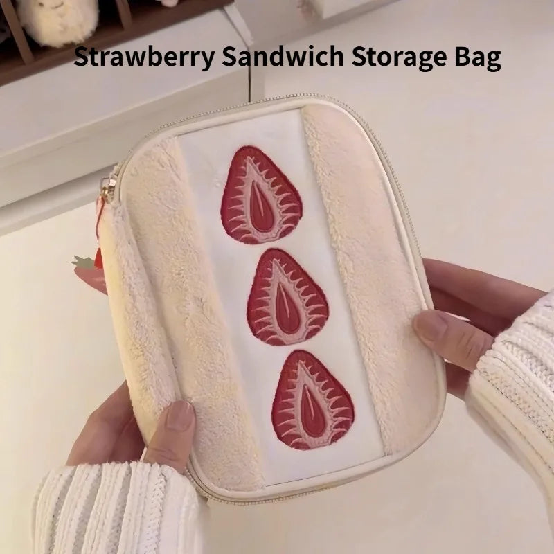 Cute Strawberry Plush Pencil Case, Large Capacity Fuzzy Stationery and Cosmetic Pouch