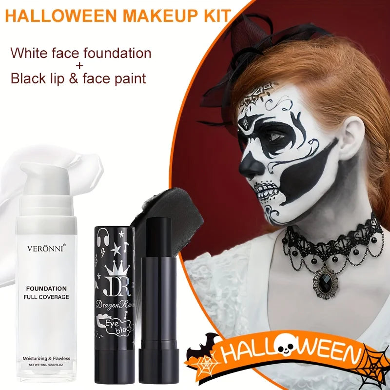 White Liquid Foundation And Black Lipstick Halloween Cosplay Set,Suitable for Adults,Matte Finish,Long-Lasting for All Skin Type