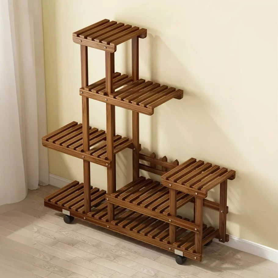 Rolling Multi-Layer Wood Plant Stand with Wheels