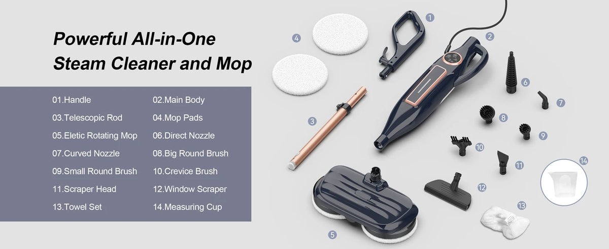 VM6 Steam Mop Cleaner with Rotating Mop Pads 1300W Powerful Floor Steamer 10 in 1 Lightweight Spin Mop High Temperature with Steam Blaster Technology