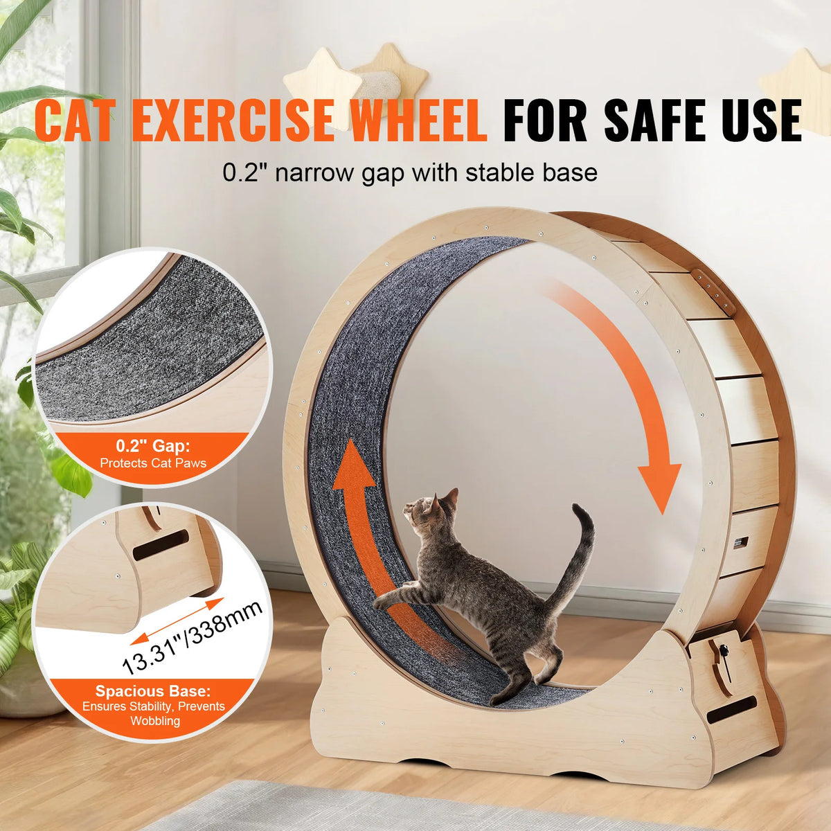 SucceBuy Wooden Cat Exercise Wheel, Large Cat Treadmill with Detachable Carpet and Cat Teaser