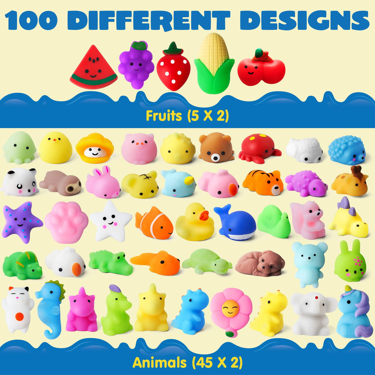 100 Pcs Mini Animals & Fruit Mochi Squishies for Kids Party Favor Toys Stress Relief Novelty Fidget Toys Birthday Gifts