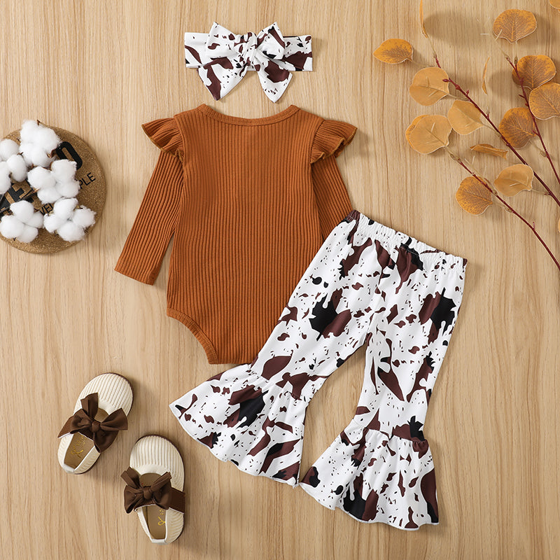 Infant Baby Girl Ribbed Fly Sleeve Romper with Leopard Flare Pants Outfit