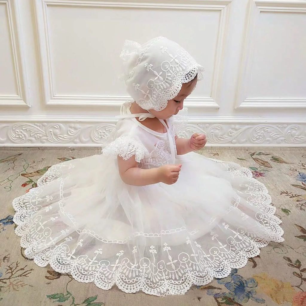 Baby Girl Lace Crochet Tulle Dress, Infant Christening and Special Occasion Ruffle Dress