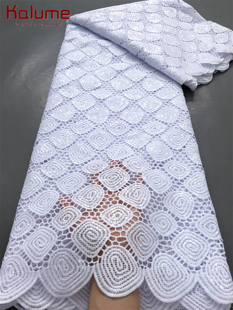 White African Guipure Cord Lace Fabric with Sequins 2025 High Quality Nigerian Guipure Cord Lace for Sewing Wedding Dress F4025