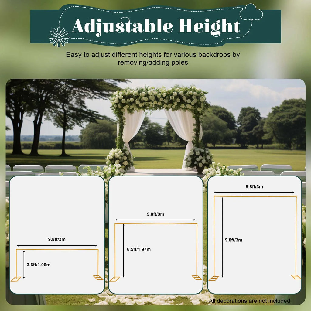 3m Adjustable Gold Square Wedding Arch Stand with Base, Heavy Duty Metal Backdrop Frame for Ceremony Party Decoration
