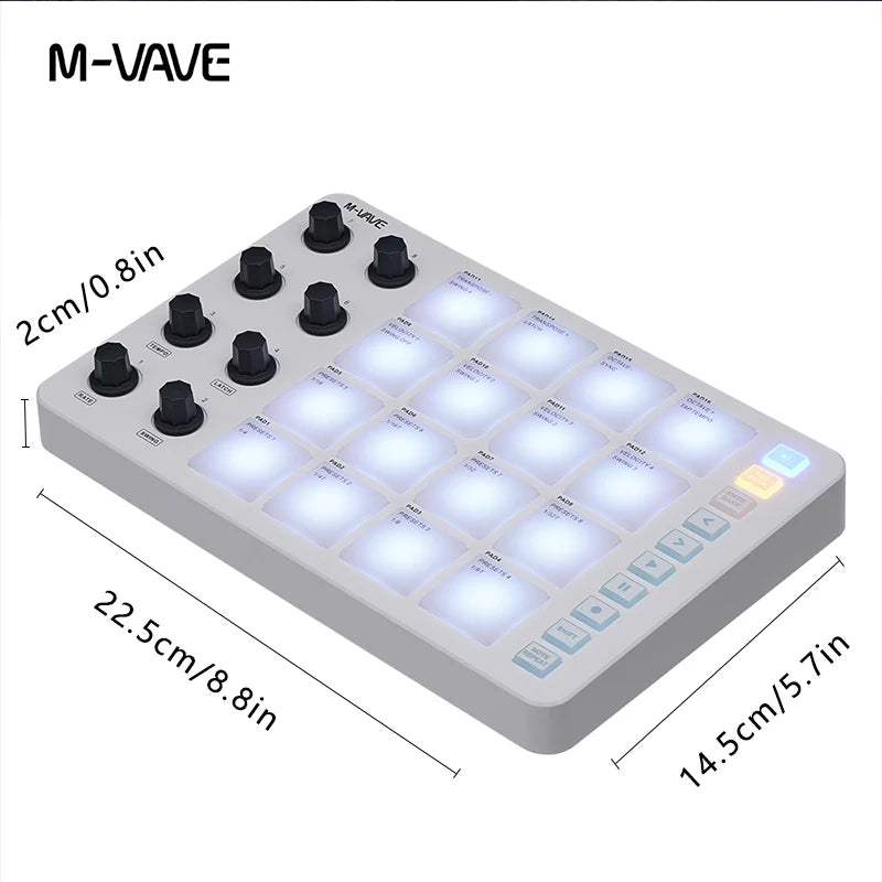Wireless MIDI Controller, M-VAVE Portable MIDI Pad with 16 Drum Pads and 8 Knobs; USB-Powered, Rechargeable 2000mAh Lithium Battery, Programmable Keyboard for Music creation
