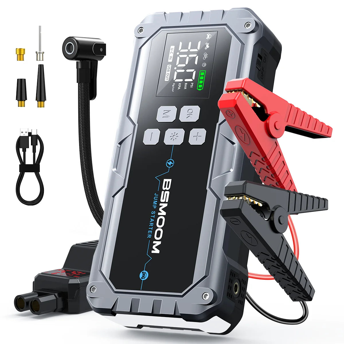 Portable Car Jump Starter with 150PSI Air Compressor, Power Bank and Emergency Battery Booster