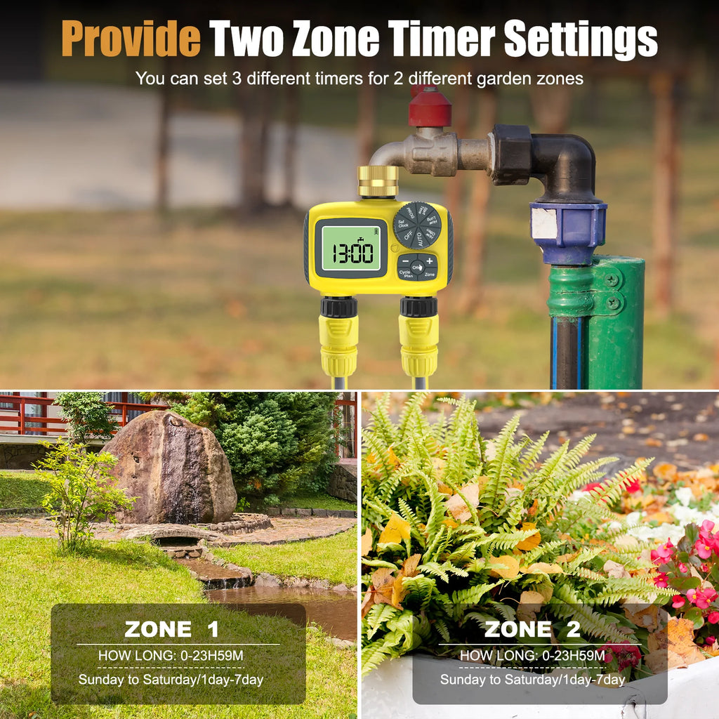 Dual Outlets Water Timer Home Garden Automatic Watering Irrigation System with Brass Inlet for Outdoor