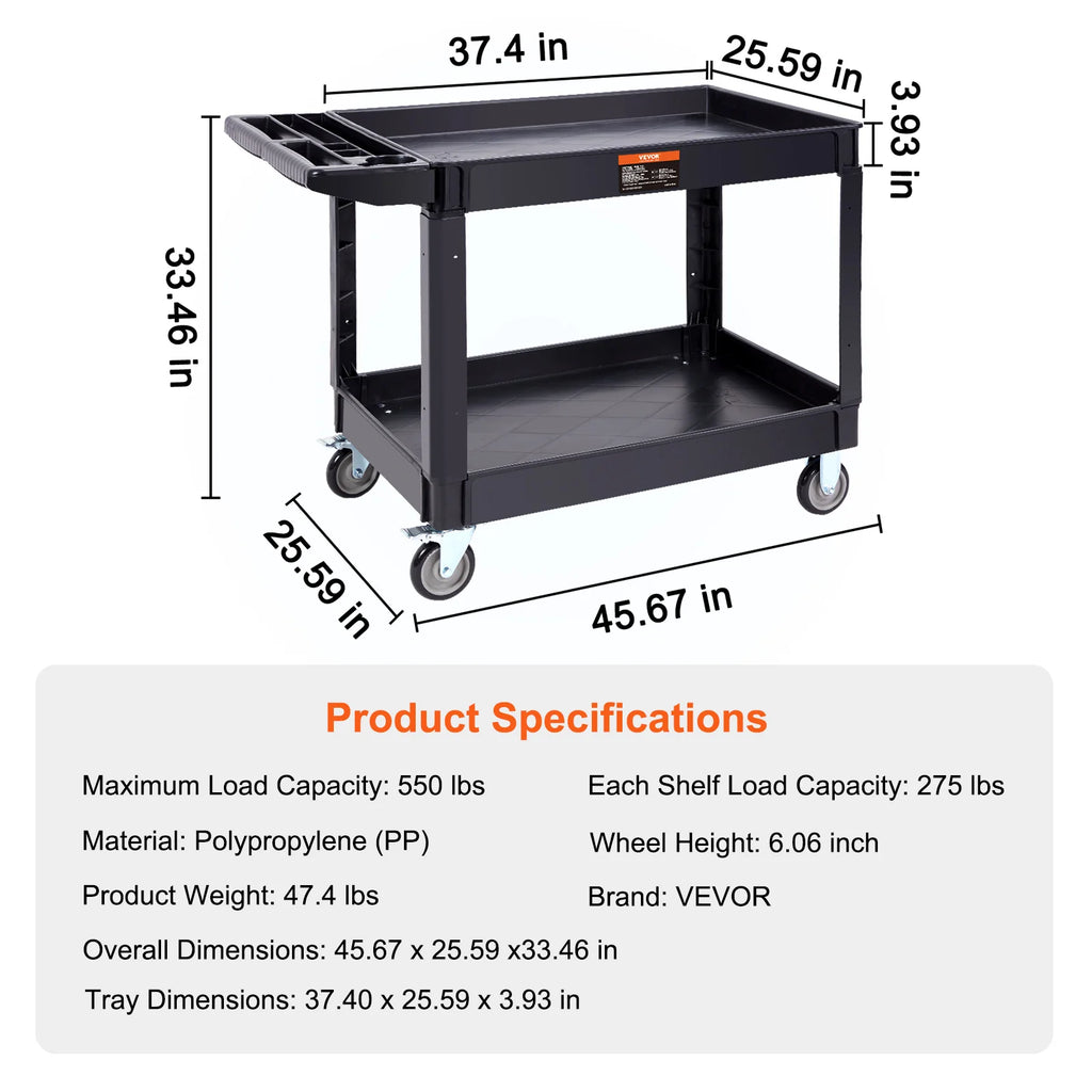 2/3 Shelf Utility Service Cart Dolly with 360° Swivel Wheels Ergonomic Storage Handle for Warehouse/Garage/Cleaning