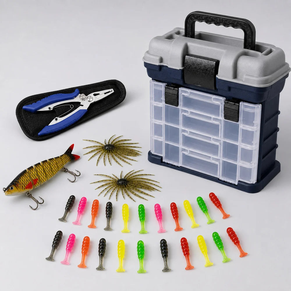 Fishing Tackle Box Kit with Fishing Pliers 4-Tier Multi-Functional Fishing Handheld Storage Box Adjustable Dividers Portable Fishing Tackle Lure Tool