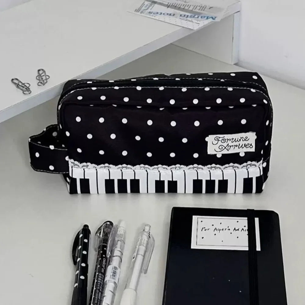 Kawaii Polka Dot Piano Key Print Pencil Case With Handle Large Capacity Pencil Pouch Stationery Pouch Gift School Supplies Girls