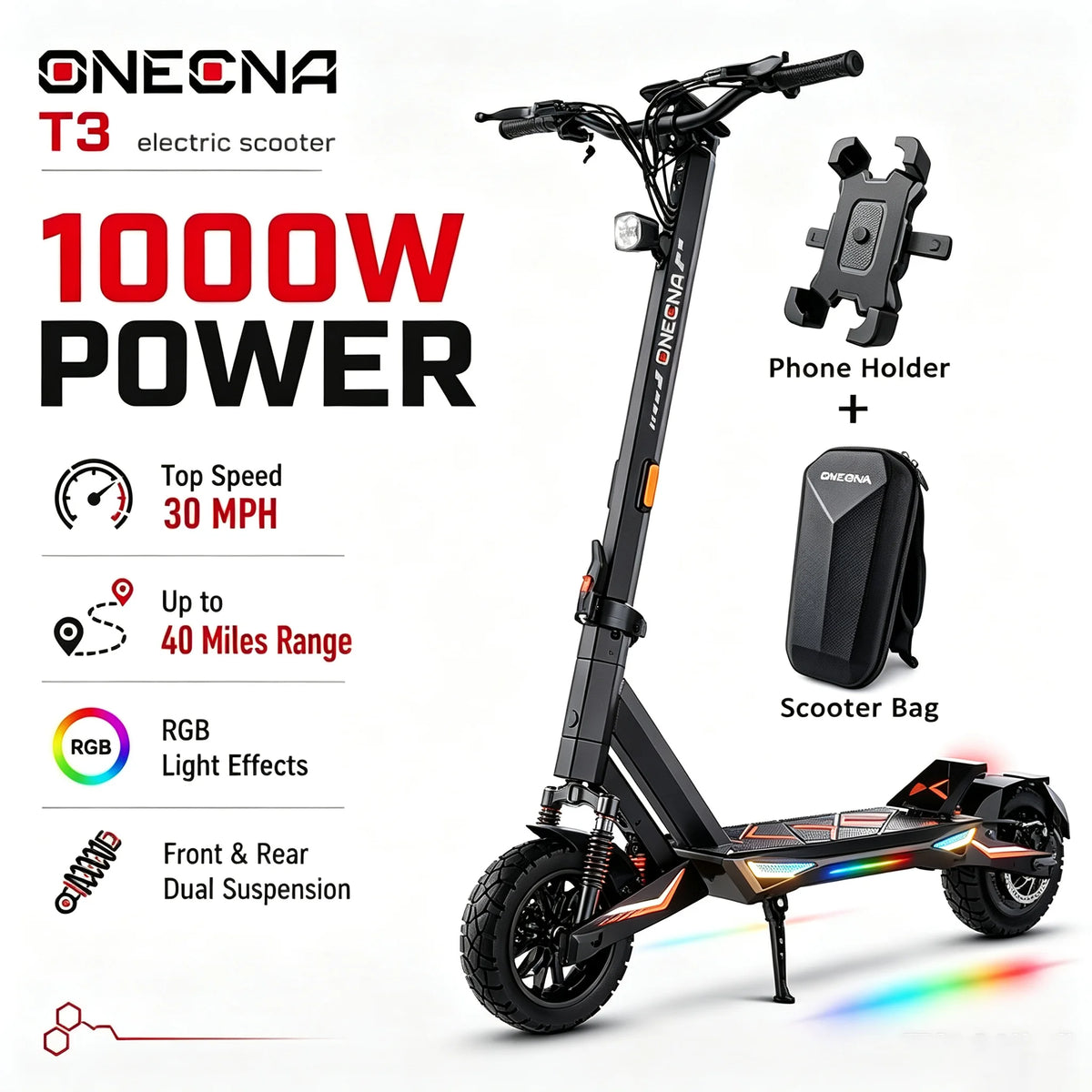 ONECNA T3 1000W Motor Electric Scooter for Adults, 30mph Top Speed, 40Miles Long Range, Lightweight Foldable Frame, Dual Suspension, 10 Inch Fat Tires E-Scooter