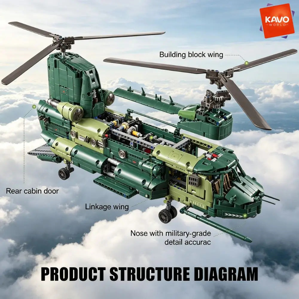 KAVOWORLD 1826PCS Chinook Tandem Rotor Military Transport Helicopter Building Blocks Model Aircraft Bricks Toys Kit Ideal Gift for Military Fans Movable Rotors Gear Linkage Opening Cargo Door Home Desk Display Christmas Birth