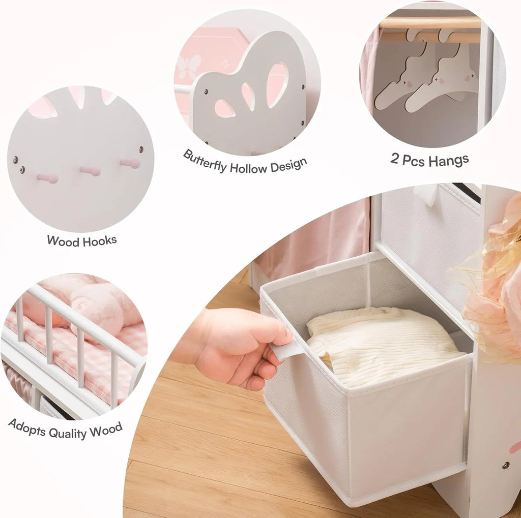 Baby Doll Crib Wooden Toy Baby Crib with Storage Bedding Wooden Hooks Doll Crib Fits Dolls up to 21" for Girls 3+ Pink